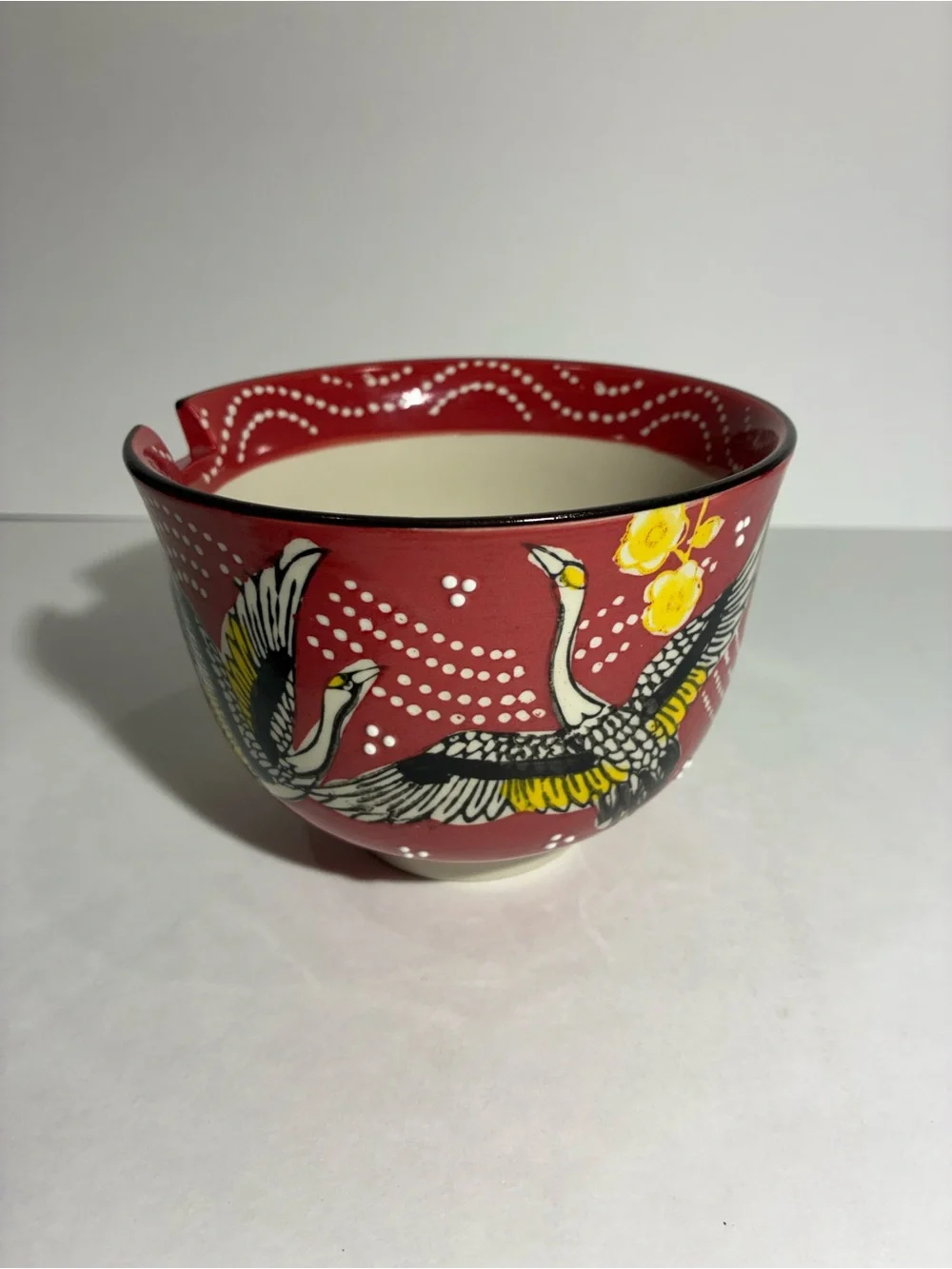 Mira Designs FMC Ceramic Ramen Bowl Crane Chopstick Holder Red Noodle Bowl